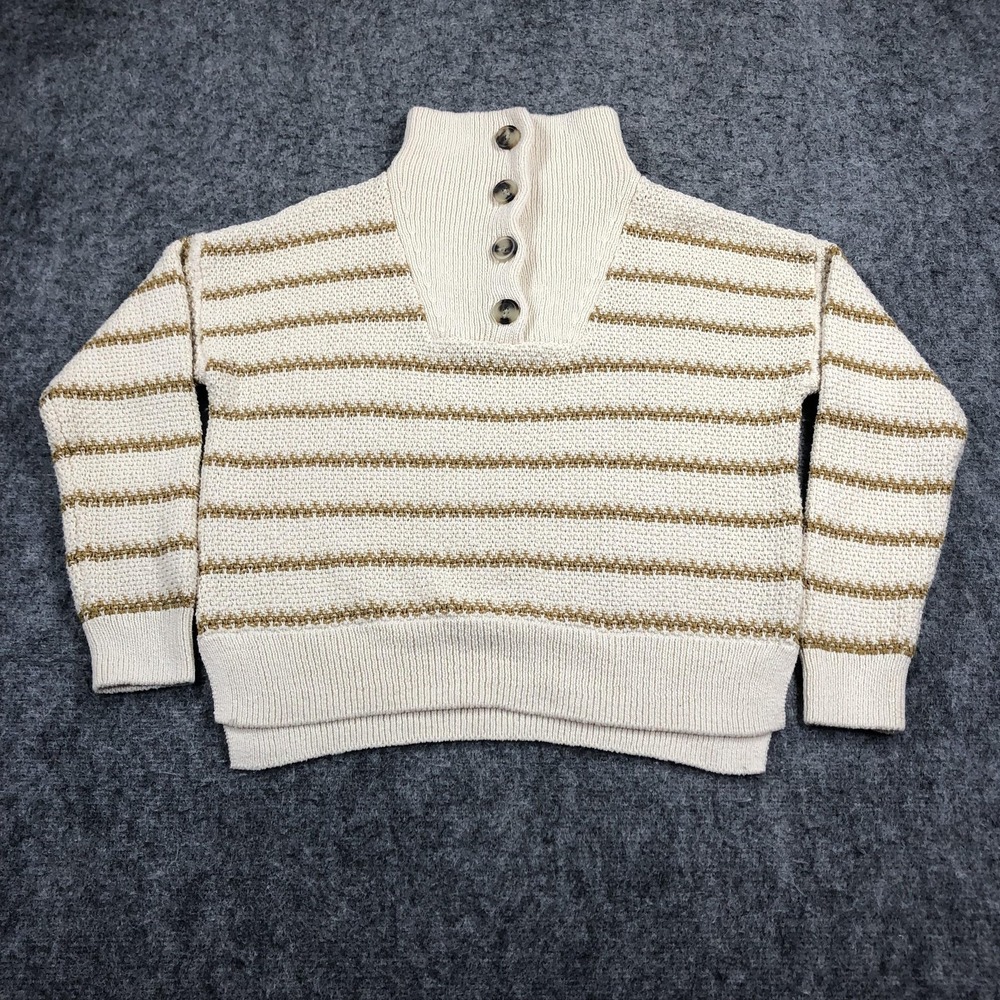 Madewell Sweater Womens S White Striped Knit Button Hem Long Sleeve Casual
